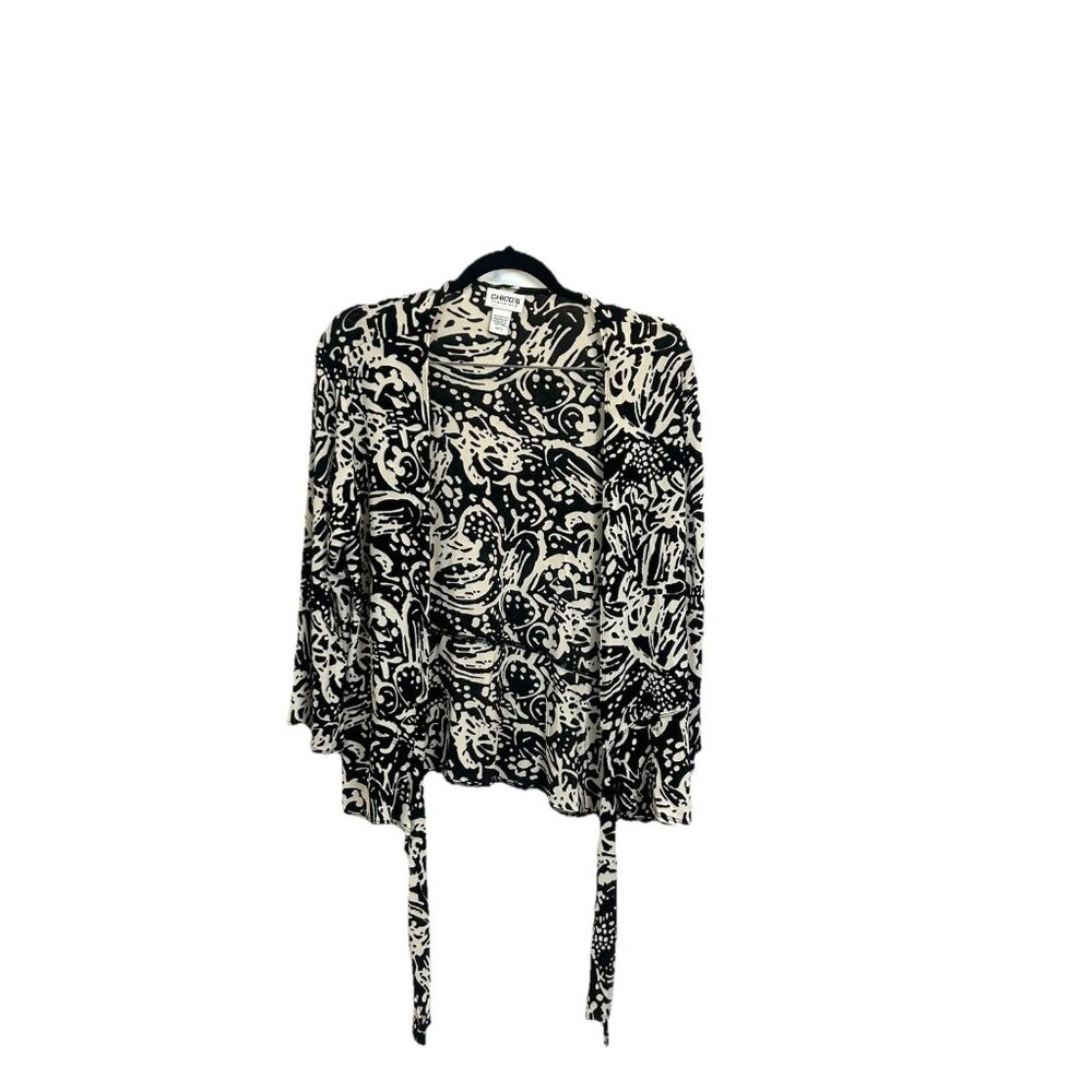 Chico's Travelers Size 2 Large tie Front Slinky Cardigan Top Black white Stretch
